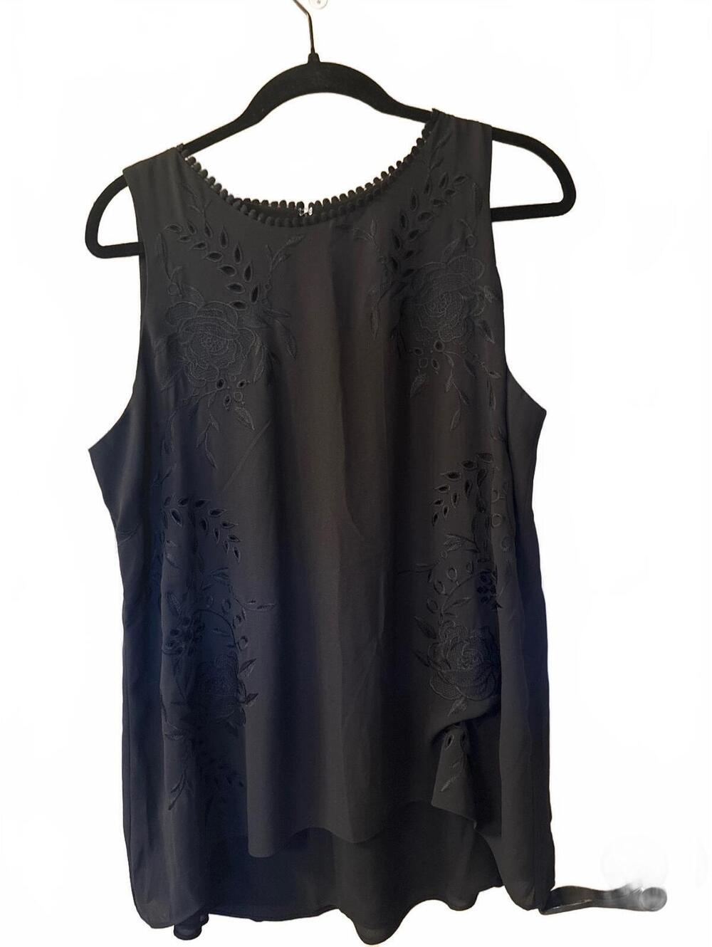 White House Black Market Black Embroidered Blouse with Decorative Neckline